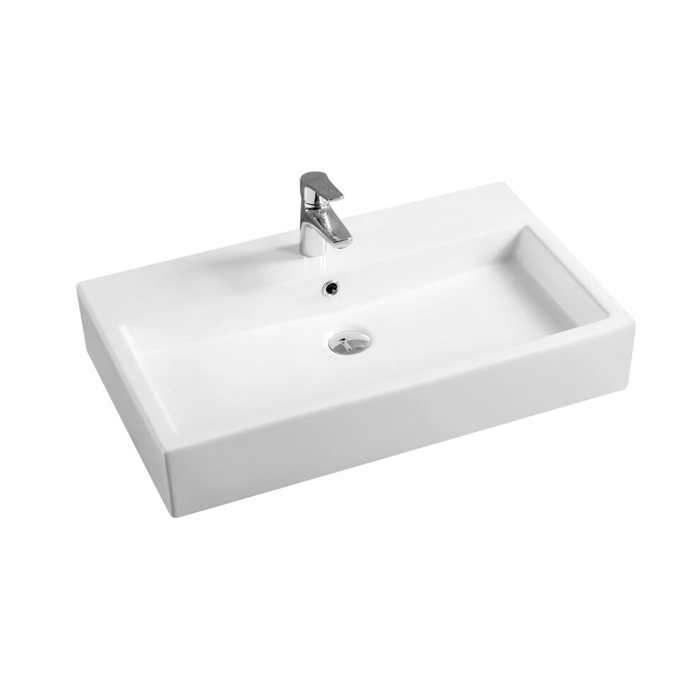 White ceramic narrow inset basin with a rectangular full bowl design, featuring thick edges and a central drain hole, complemented by a sleek chrome faucet.