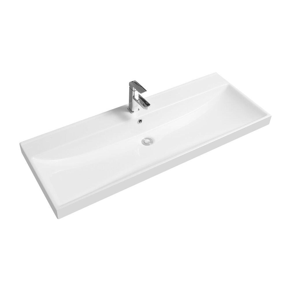 White ceramic inset basin with a full scoop design and thick edge, featuring a central drain and sleek chrome faucet, suitable for various sizes and styles.