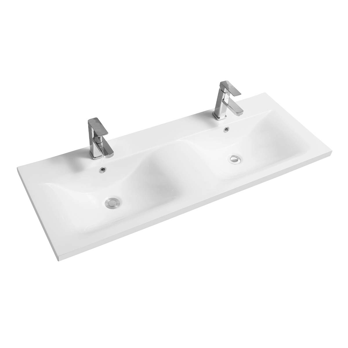 White Limoge ceramic double inset basin featuring a thin-edge design, two dipped bowls, and sleek chrome faucets, measuring 121cm in length.