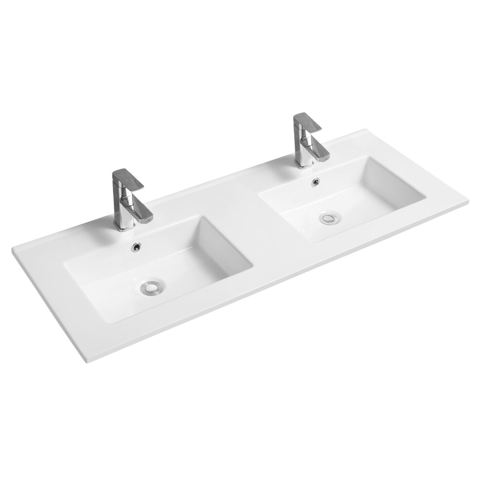 White ceramic double inset basin with a thin edge, featuring two rectangular sinks and sleek chrome faucets, designed for modern bathrooms.
