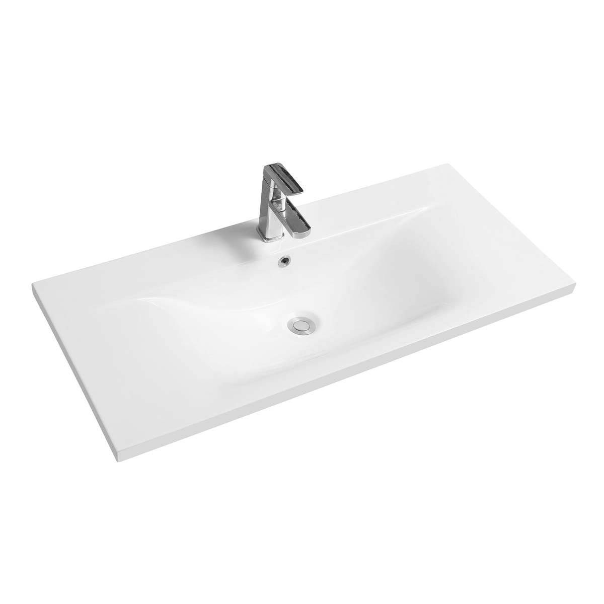 White ceramic 61cm inset basin with a thin-edge design, featuring a dipped bowl and a central drain hole, complemented by a sleek chrome faucet.