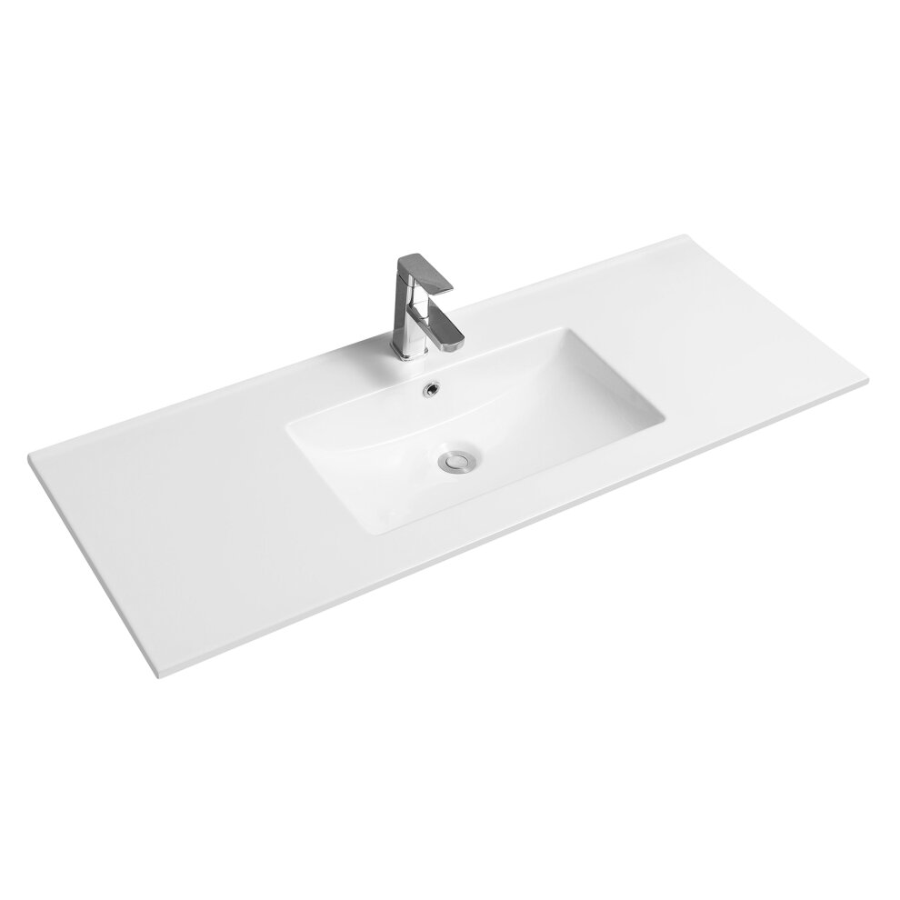 White ceramic inset basin with a scooped design and thin edge, featuring a central rectangular sink and a chrome faucet, suitable for various bathroom styles.