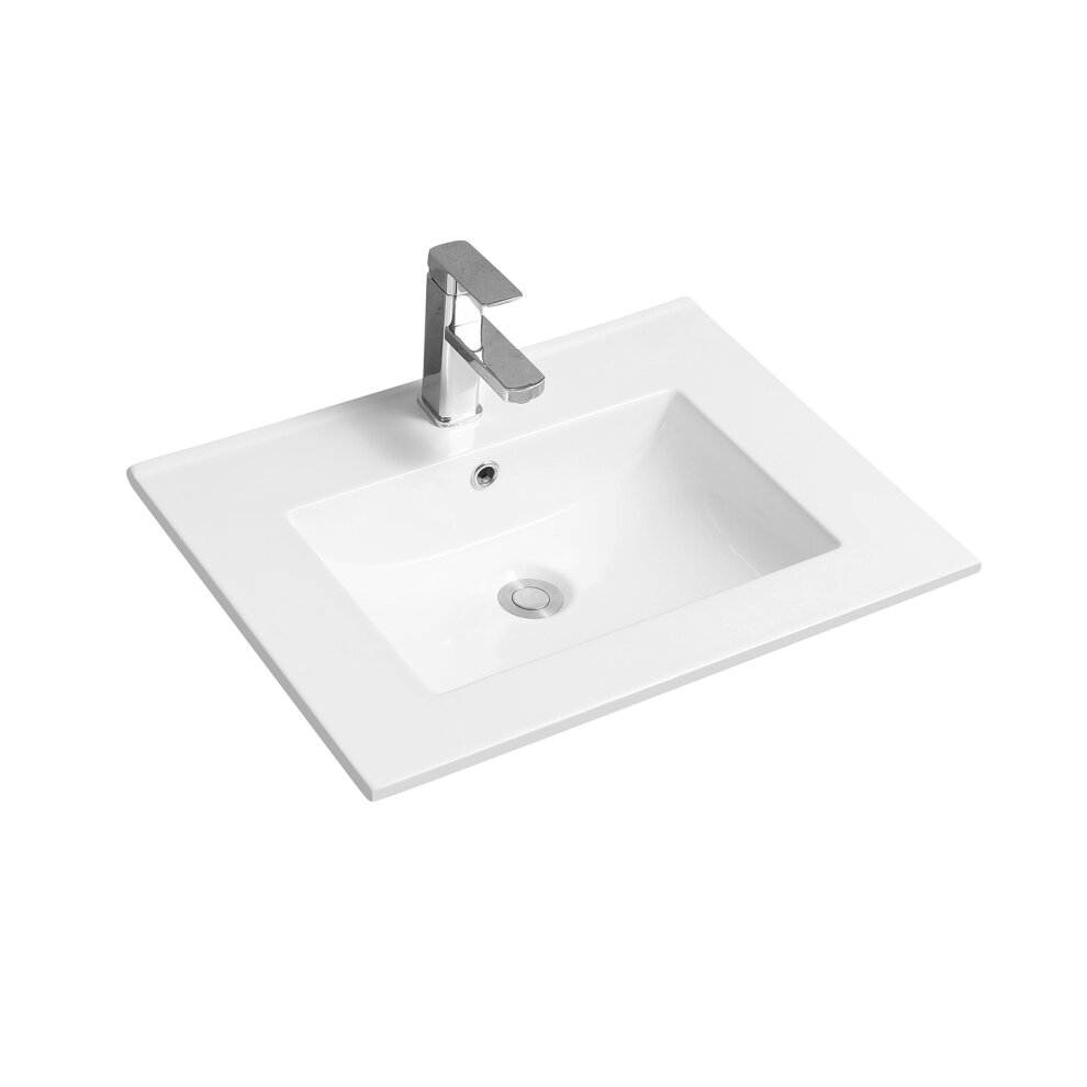 White ceramic basin with a thin-edge design, measuring 60cm x 45cm, featuring a scooped bowl and a sleek, modern faucet.