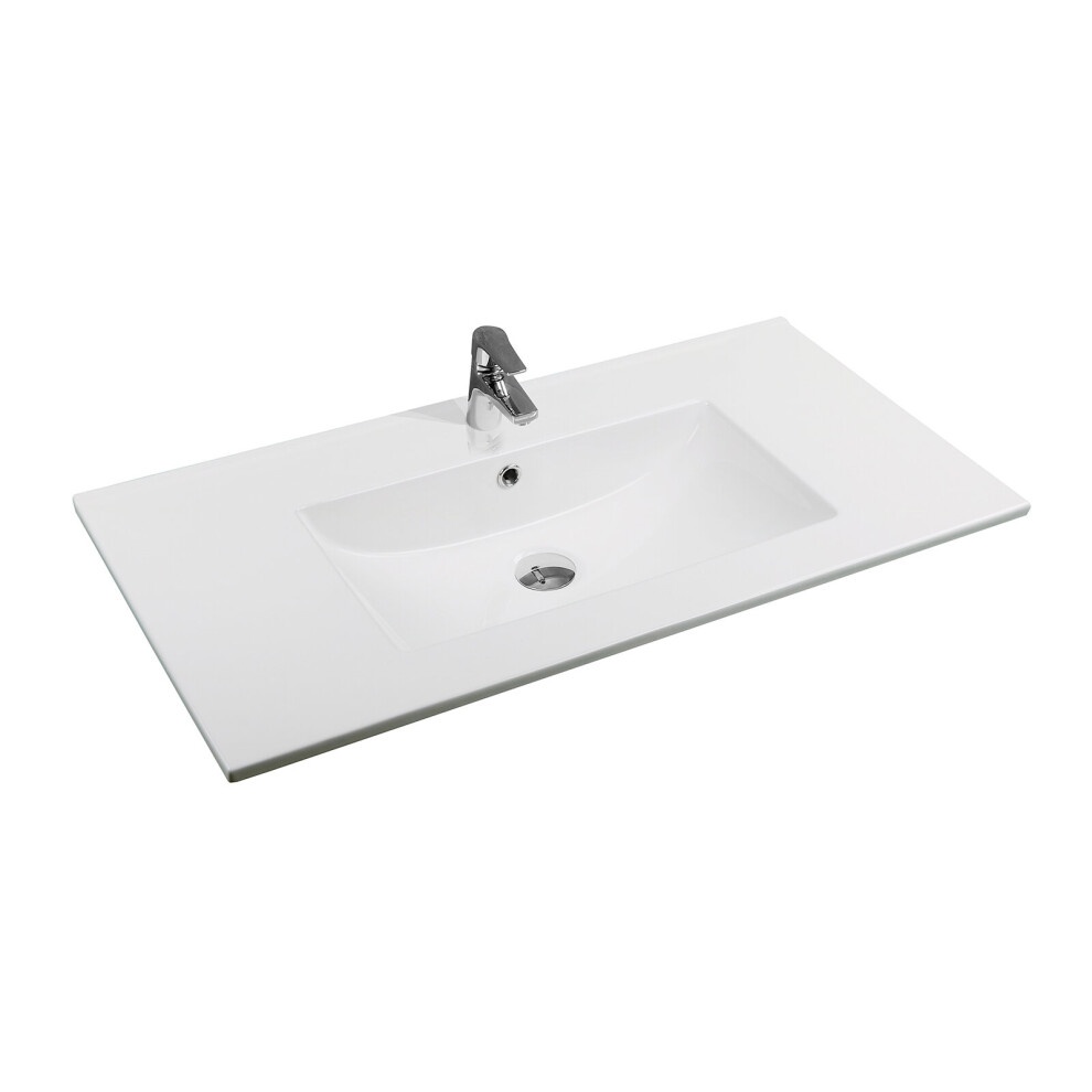 White ceramic 91cm thin-edge inset basin featuring a scooped bowl design and a central drain, complemented by a sleek chrome faucet.