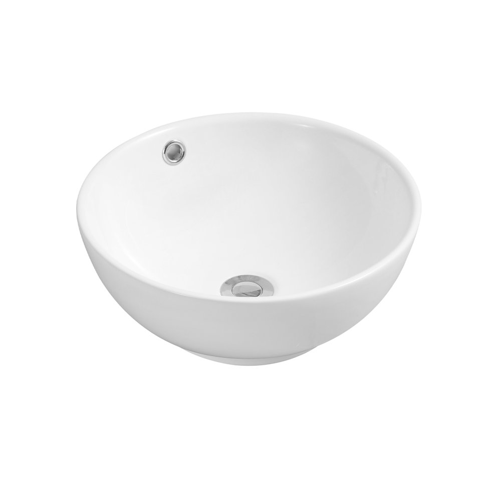 Glossy white ceramic countertop basin with a round, coned shape, featuring a central drain and a sleek, modern design.