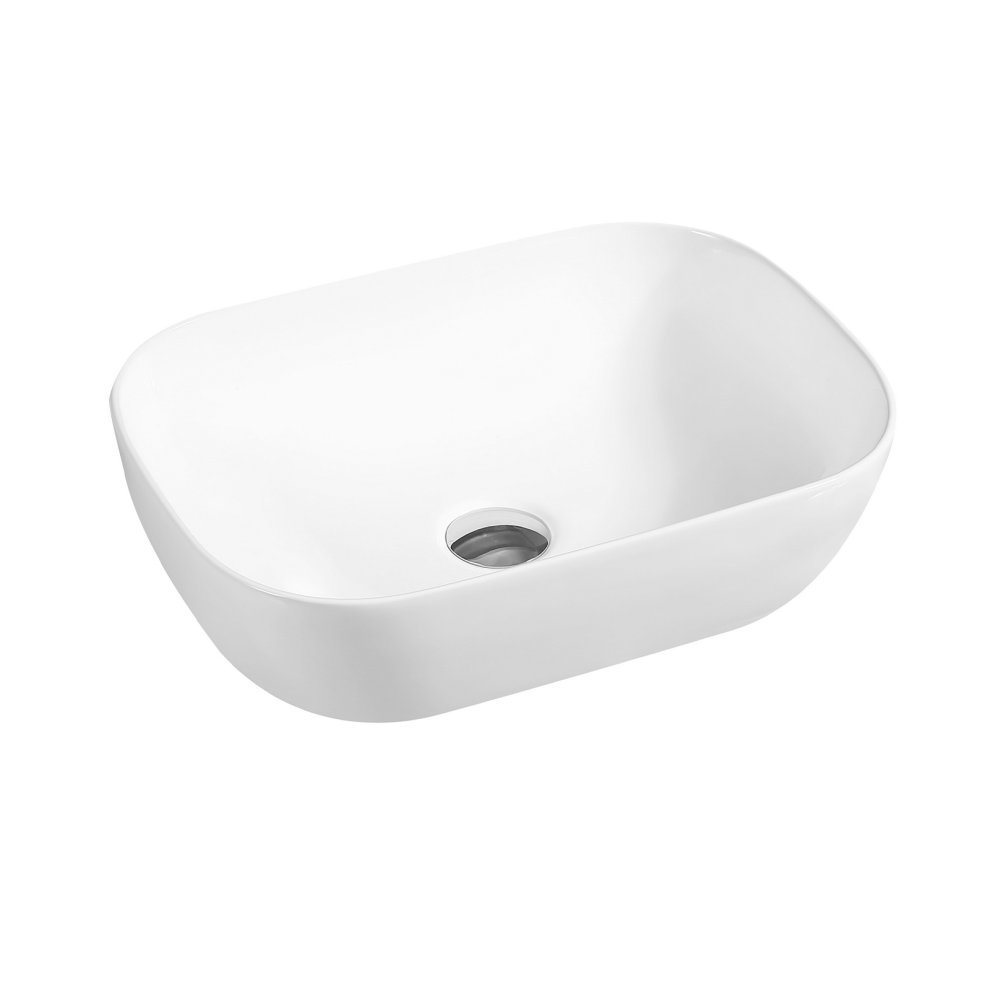 White ceramic countertop basin with a sleek, oblong shape, featuring smooth edges and a central drain hole, showcasing a modern and minimalist design.