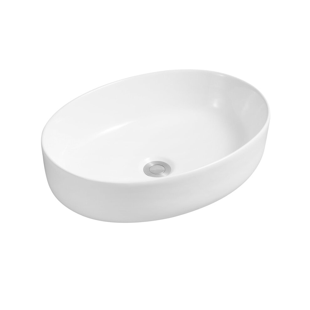 White oval ceramic countertop basin with a smooth, glossy finish and a central drain hole, showcasing a modern and minimalist design.
