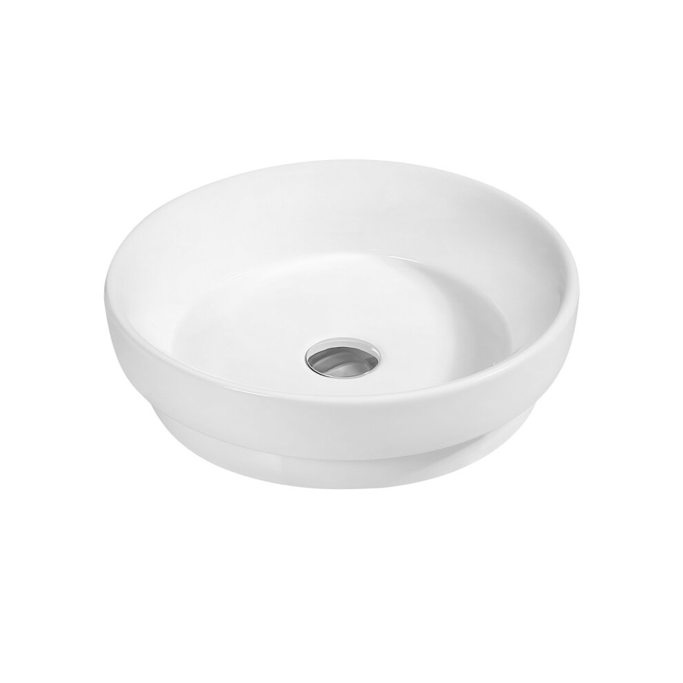 Round white ceramic countertop basin with a smooth finish, featuring a central drain hole and a slightly raised edge, showcasing a minimalist design suitable for various styles.