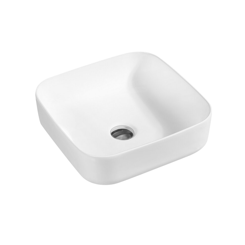 White square ceramic countertop basin with a smooth finish and rounded corners, featuring a central drain hole, suitable for various bathroom styles.