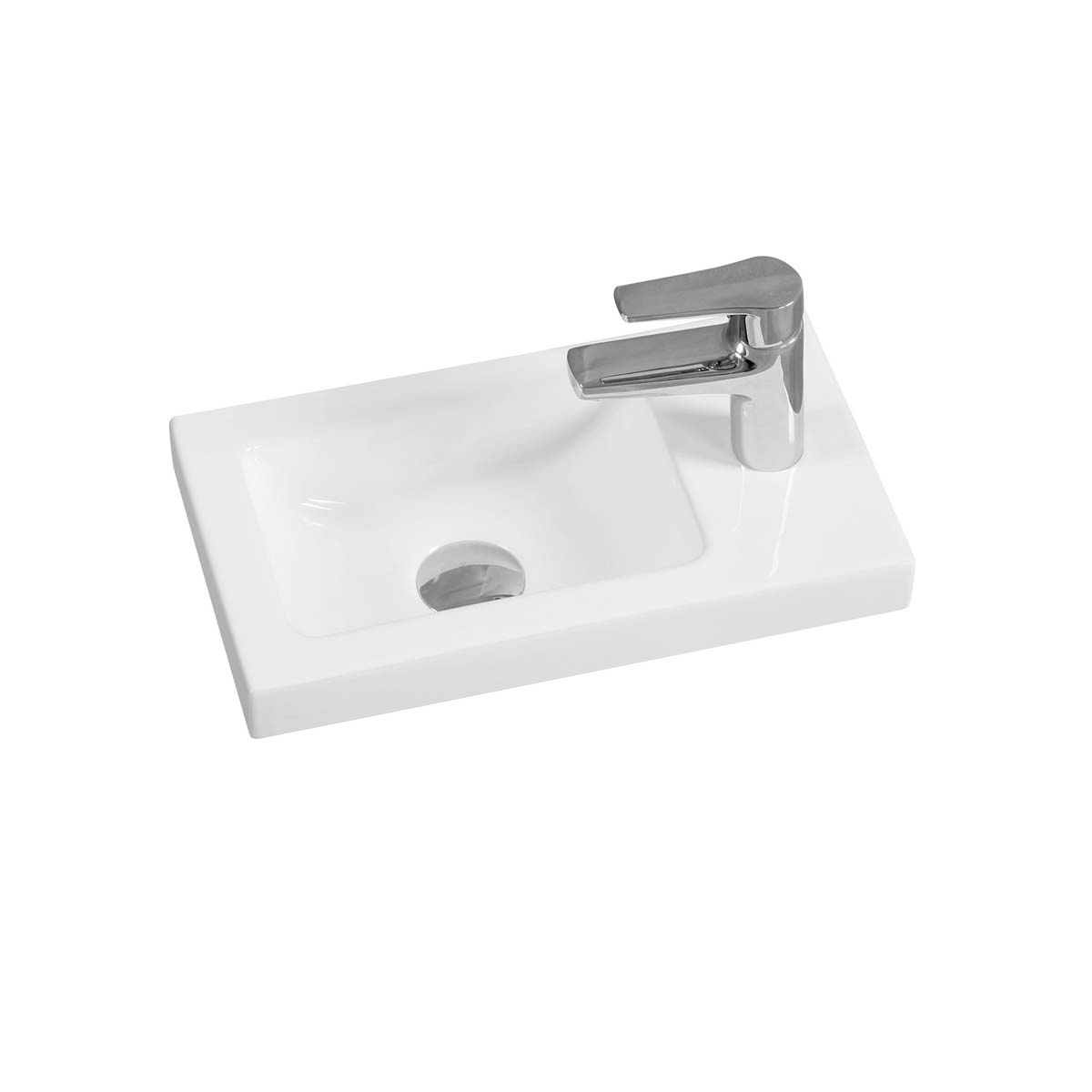 White thick-edge ceramic narrow slabtop basin with a rectangular shape, featuring a sleek chrome faucet and a central drain hole.