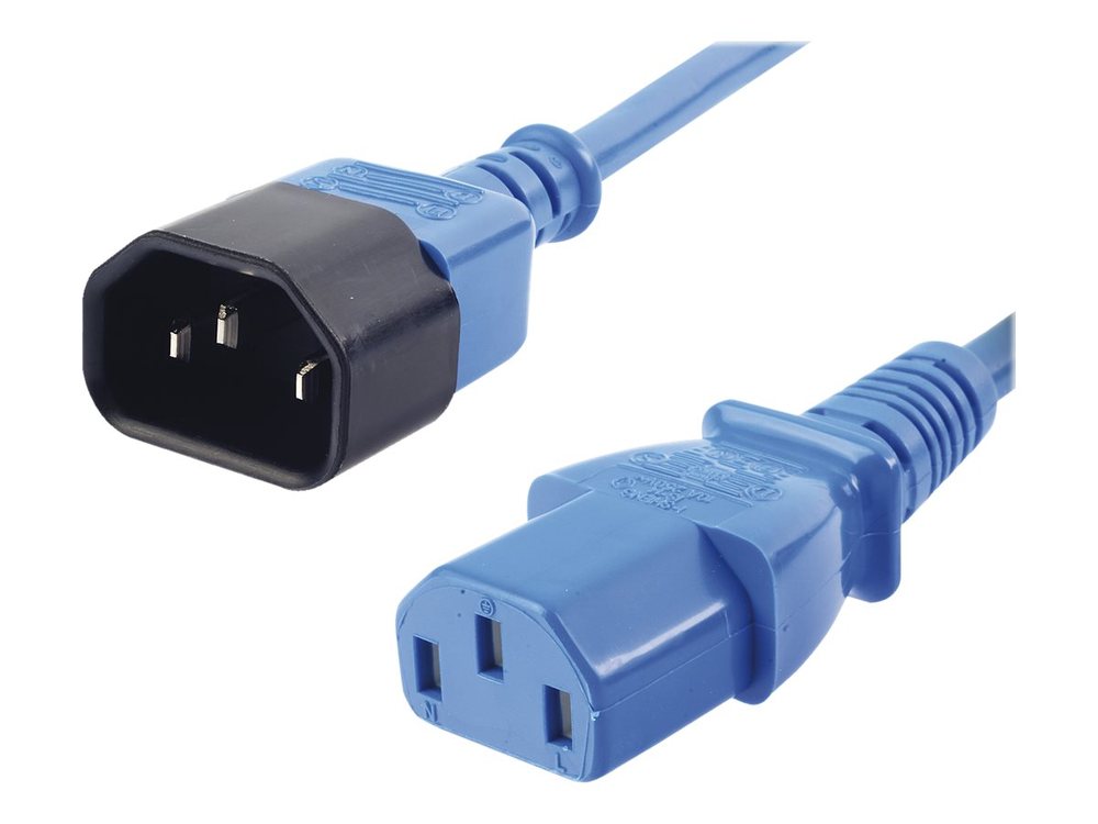 Blue 0.5m extension cable featuring a C14 connector on one end and a C13 connector on the other, made of durable plastic with three prongs visible.