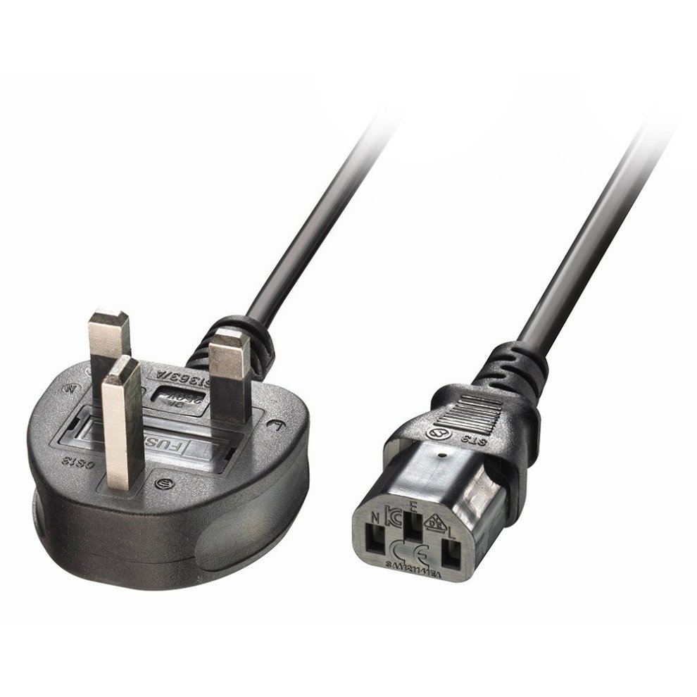 Black 15m mains power cable featuring a UK 3-pin plug on one end and an IEC C13 connector on the other, designed for reliable electrical connections.