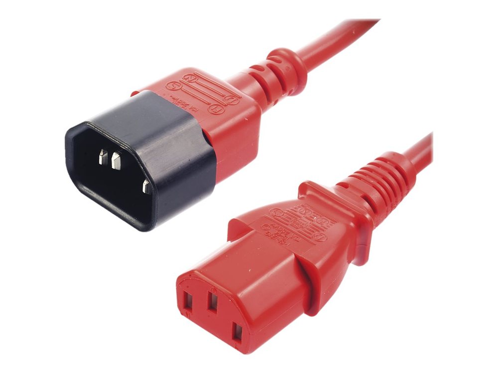 Red 1m IEC extension cable by Lindy, featuring a black connector on one end and a red connector on the other, made of durable plastic material.