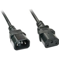 Black Lindy 2m C14 to C13 extension cable with molded connectors and three-prong plug design.
