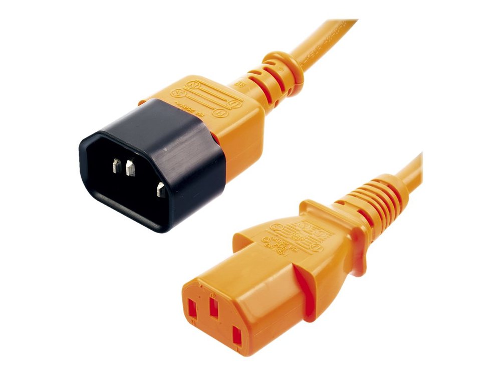 Orange 2m extension power cable featuring a black IEC C14 connector on one end and an orange IEC C13 connector on the other, made of durable plastic.