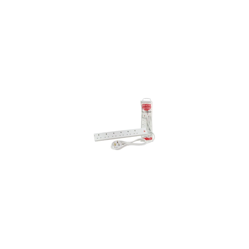 Lindy 5m 6-way UK mains power extension in white, featuring six sockets and a long cable, packaged in clear plastic.