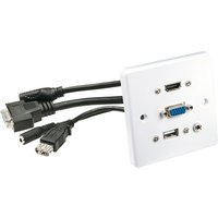 White Lindy Multi AV Faceplate with HDMI, VGA, USB ports, and attached black cables.