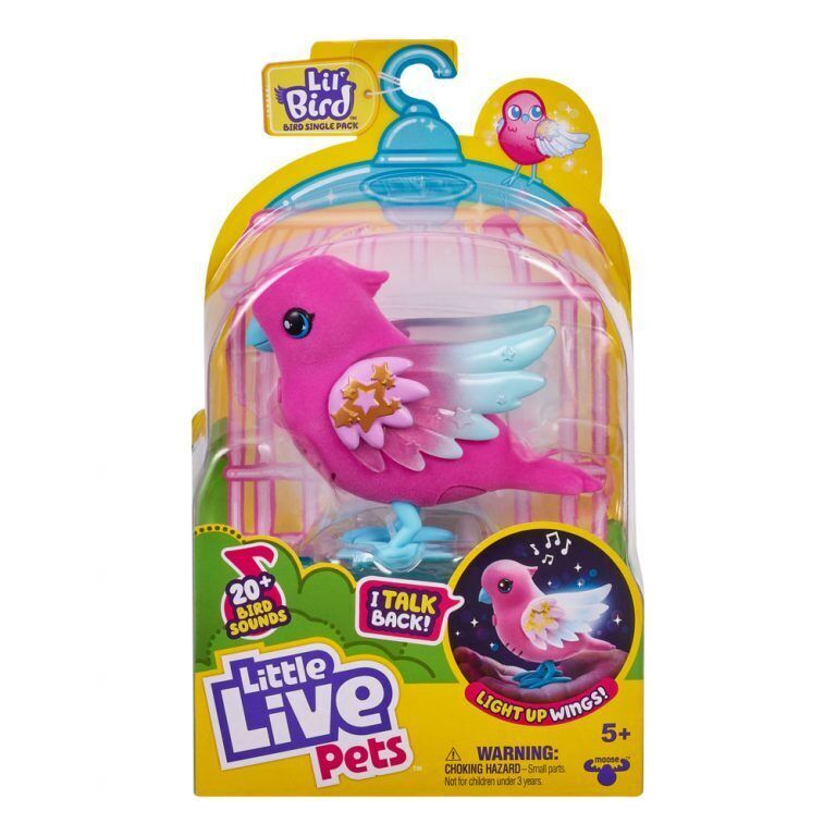 Bright pink electronic pet bird with light-up wings, featuring a star design, packaged in a clear plastic case with colorful branding and a warning label.