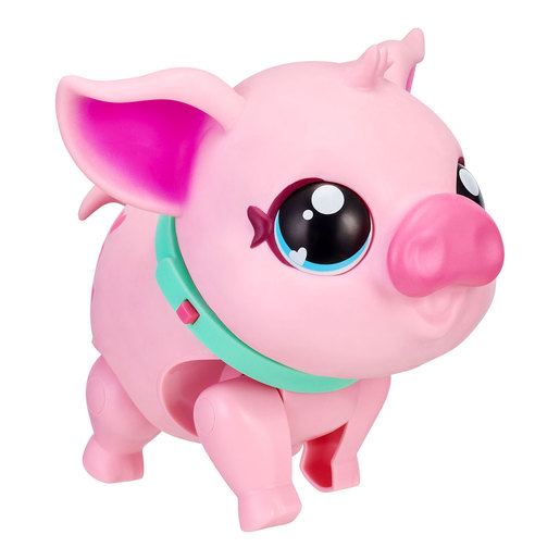 A cute, pink toy pig with large, expressive eyes, wearing a mint green collar, featuring a small curly tail and oversized ears.