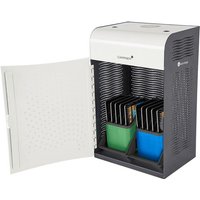 LocknCharge Carrier 10 cabinet, grey with white top, open door, slots for devices, blue and green storage bins.