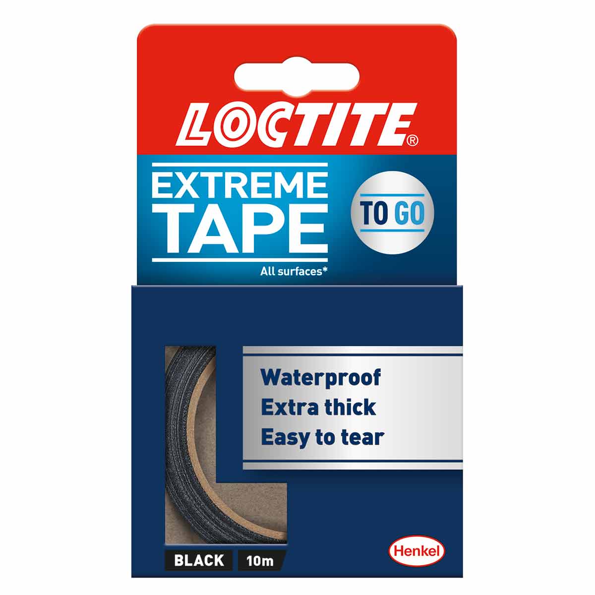 Loctite Extreme Tape in black, 24mm x 10m, featuring waterproof, extra thick, and easy-to-tear properties, packaged in a blue and red box.