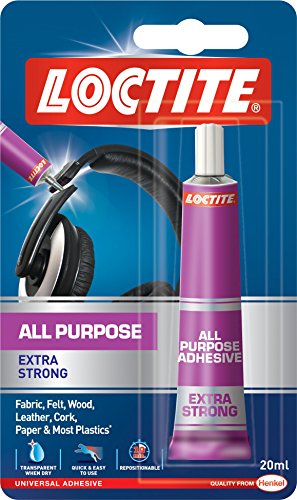 Loctite All Purpose Adhesive in a 20ml tube, featuring a purple and silver design, labeled "Extra Strong," suitable for various materials like fabric, wood, and plastics.