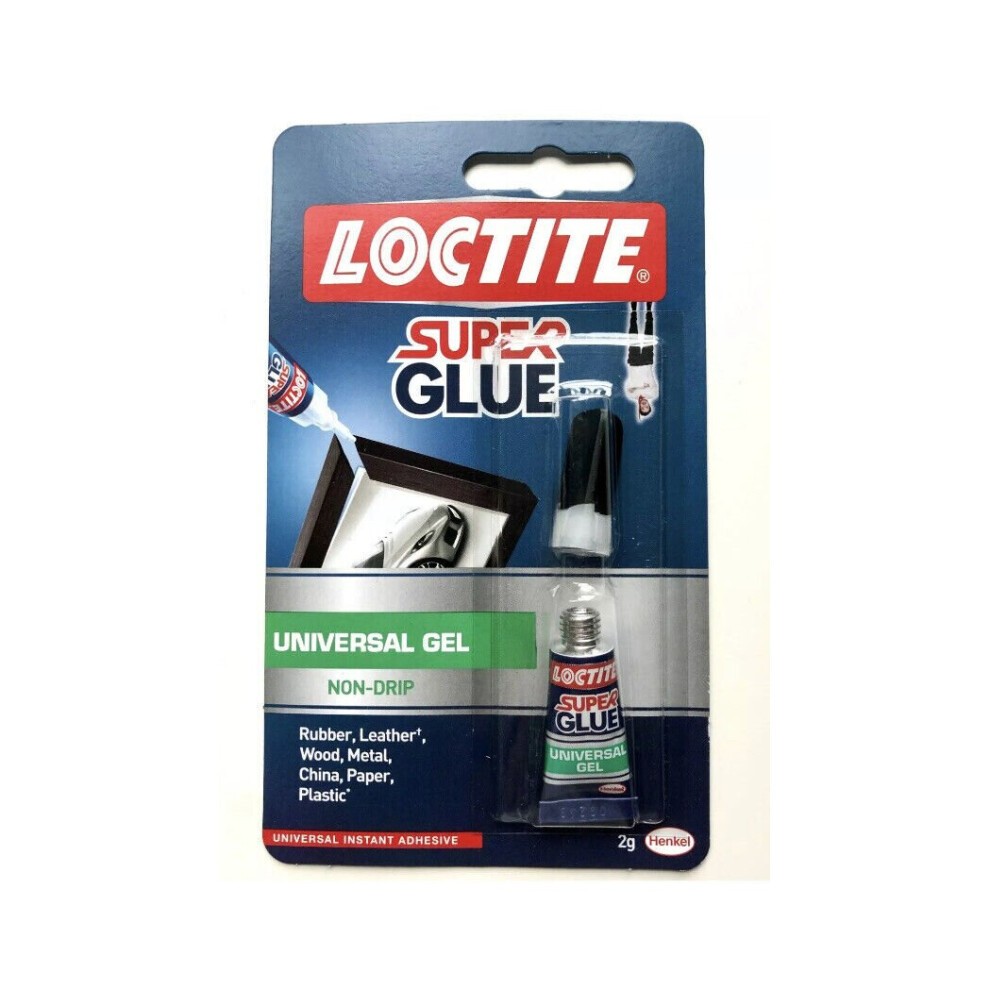 Loctite Universal Gel Super Glue in a 2g tube, featuring a non-drip formula, packaged in a blue and red card with clear instructions and images of its uses on various materials.