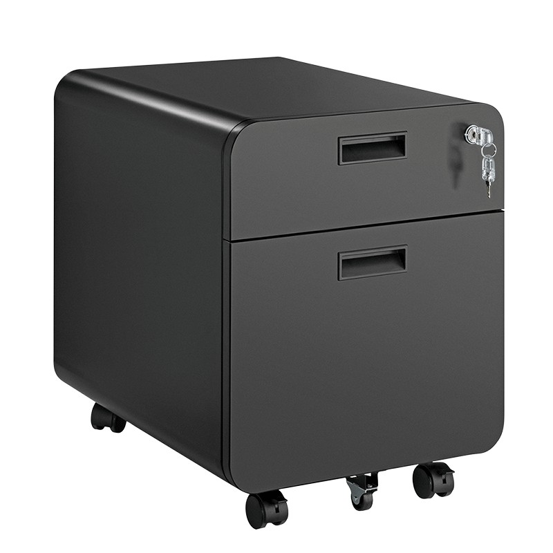 Black steel office drawer unit with two drawers, featuring a sleek design, key lock, and rolling casters for easy mobility.