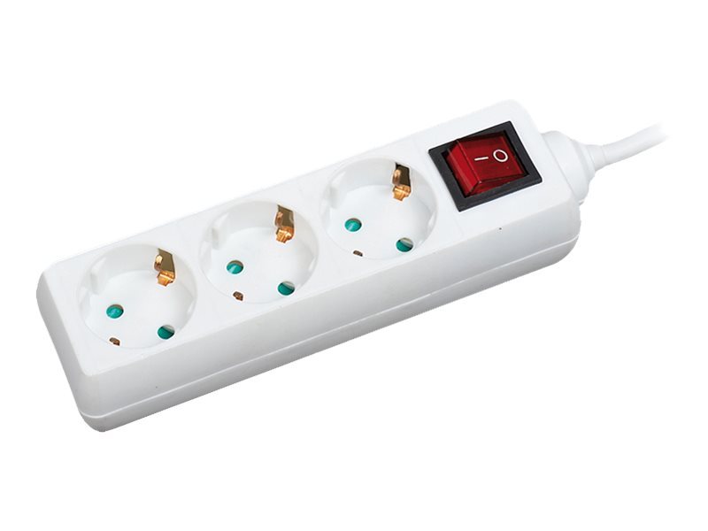 White power extension with three AC outlets, featuring green indicator lights, a red on/off switch, and a 1.4-meter cable.