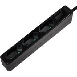 Black power extension strip with 1.5-meter cable, featuring three AC outlets and green indicator lights, designed for indoor use.