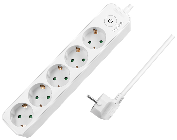 White power extension with 1.5 meters cable, featuring five AC outlets, green grounding pins, and a power button, designed for indoor use.