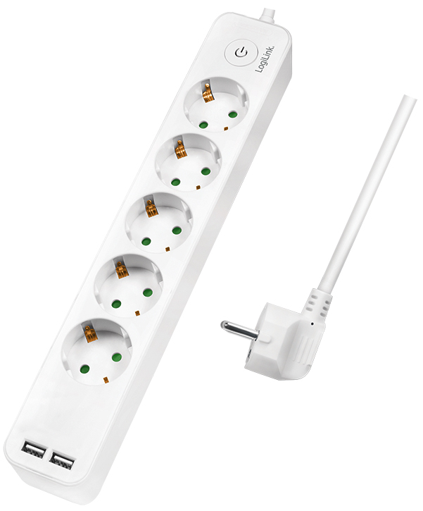 White power extension strip with 5 AC outlets, 2 USB ports, a power switch, and a 1.5-meter cord, designed for indoor use.