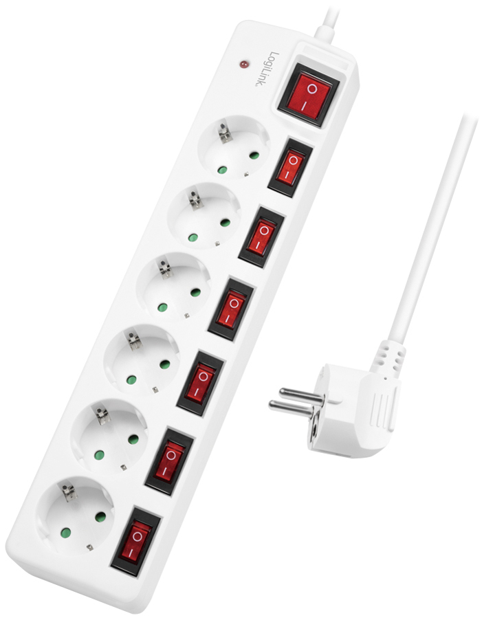 White power extension strip with 1.5 meters of cable, featuring six AC outlets, red power switches, and green indicator lights, designed for indoor use.