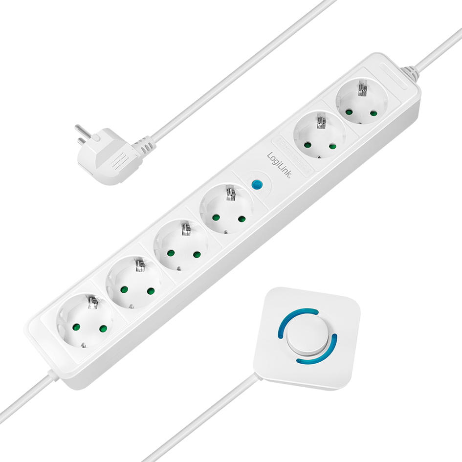 White power extension strip with 1.5 m cable, featuring 6 AC outlets, a blue indicator light, and a separate white on/off switch.