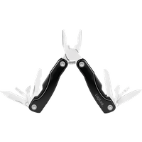 Black LogiLink multitool with pliers, knives, and screwdrivers, includes a matching black pouch.
