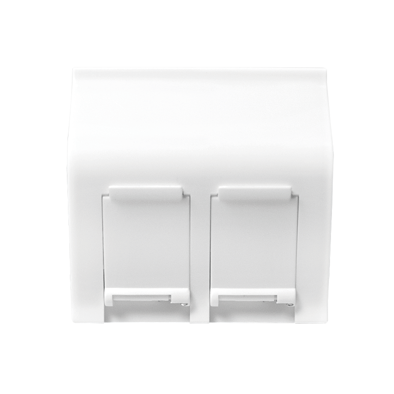 White plastic wall plate with two switch covers, featuring a smooth finish and rounded edges, designed for easy installation and a clean look.