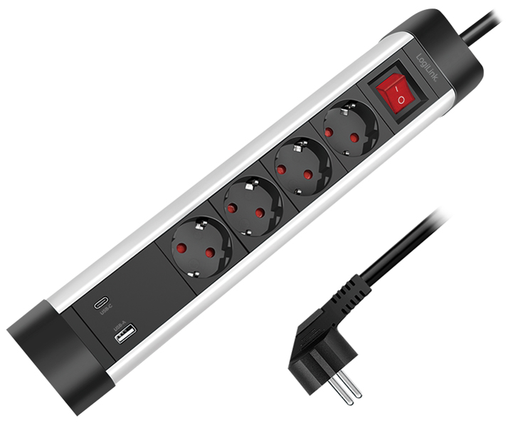 LogiLink outlet strip in silver and black with four safety sockets, a power switch, and USB-A and USB-C ports, featuring a durable plastic body and a black power cord.