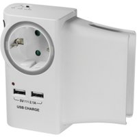 White LogiLink PA0165 socket-outlet with two USB ports and a European plug socket.