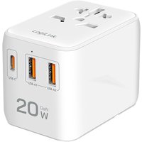 White LogiLink 20W power adapter with universal socket, USB-C, and dual USB-A ports on the front.