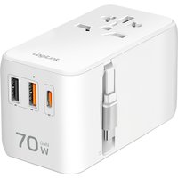 White LogiLink 70W power adapter with multiple USB ports and universal socket on a compact rectangular design.