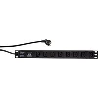 Black LogiLink PDU with 8 AC outlets, 1U rackmount design, and attached power cord.