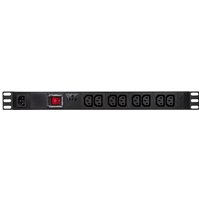 Black LogiLink PDU with 8 AC outlets, 1U rack mount, red power switch, and metal housing.