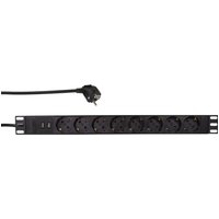 Black LogiLink PDU with 8 AC outlets, 1U rack-mountable, power switch, and attached power cord.