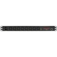 Black LogiLink PDU with 8 AC outlets, 1U rack mount, digital display, and USB port.