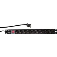 Black LogiLink PDU with 9 AC outlets, red power switch, and attached power cord.