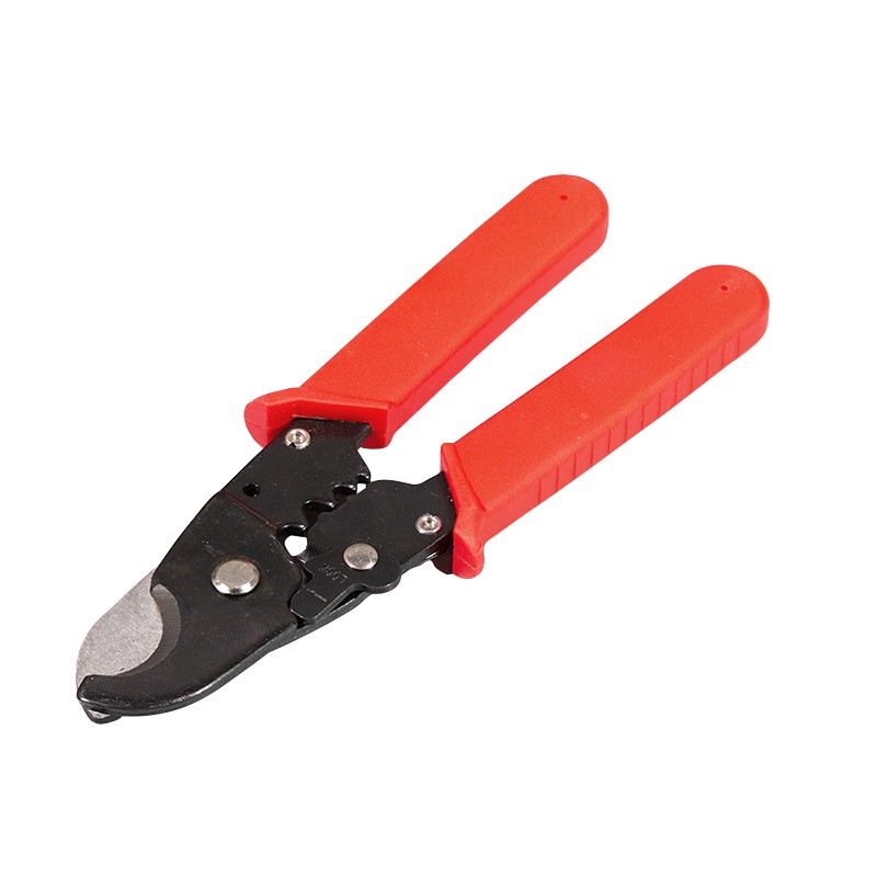 Red-handled cable cutter with black metal cutting jaws, featuring a rounded blade and a central pivot for easy operation, designed for cutting cables and wires.