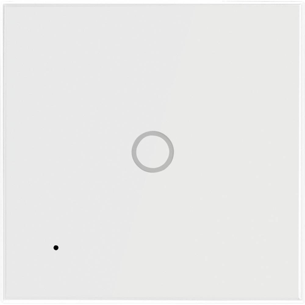 White LogiLink SH0111 smart electrical switch featuring a sleek, glossy surface, a central circular button, and a small indicator light on the bottom left.