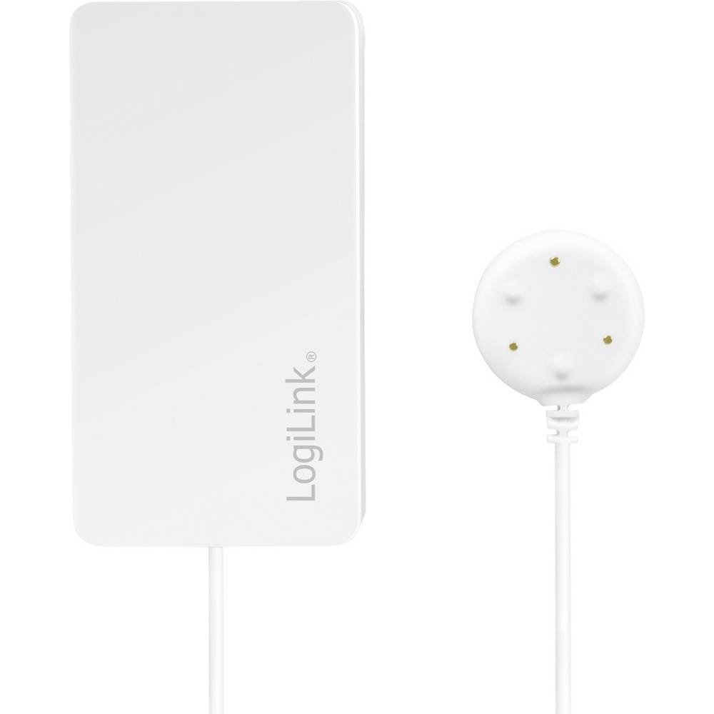 LogiLink SH0114 liquid leak detector in white, featuring a rectangular sensor with a round probe connected by a cable, designed for detecting water leaks.