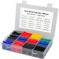 Clear plastic box with 800 mixed color LogiLink shrink tubes, 45mm length, 2:1 shrink ratio, organized in compartments.