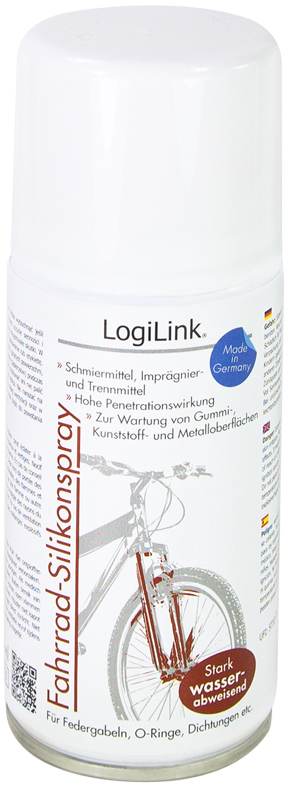 White aerosol can with a red and silver label, featuring the LogiLink logo and product details, designed for lubricating and protecting surfaces, with a 150ml capacity.